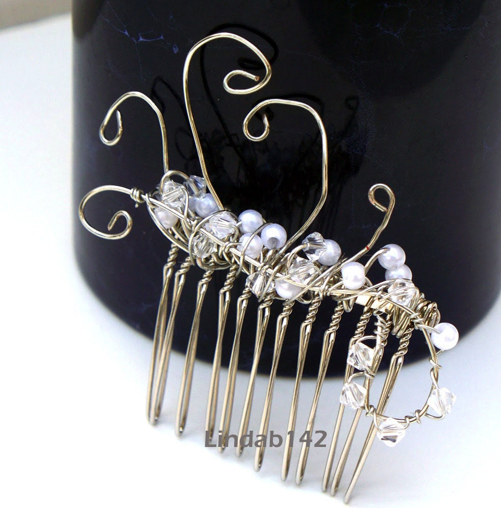 White Pearl and Swarovski Crystal Silver Wire Wrapped Wedding Comb - lindab142