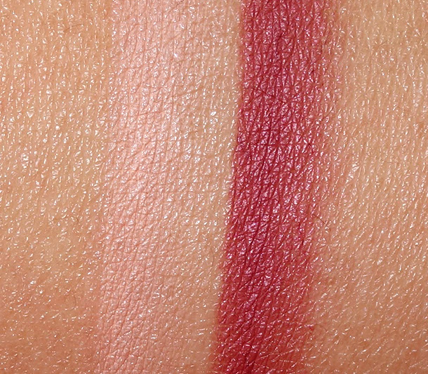 MAC Alluring Aquatic Lip Pencil swatches in What Comes Naturally (left) and Half-Red (right)