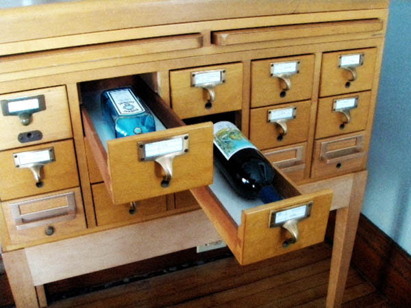 turning library card catalogue into bar stand