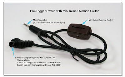 Pre-Trigger Cable for Canon or Nikon - MINI inline switch shown