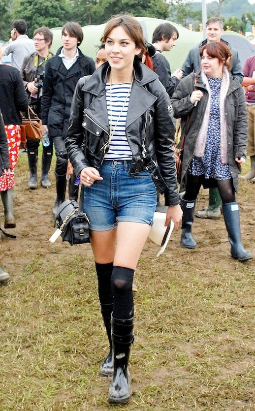 35 Le Fashion Blog 40 Of Alexa Chung Best Looks With Denim Shorts Leather Jacket Striped Tee Jean Cut Offs Wellington Boots Via Harper's Bazaar