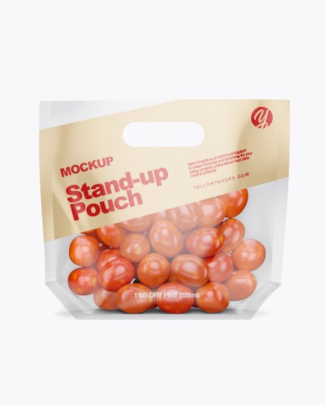 Glossy Transparent Stand Up Pouch With Tomatos Psd Mockup Front View