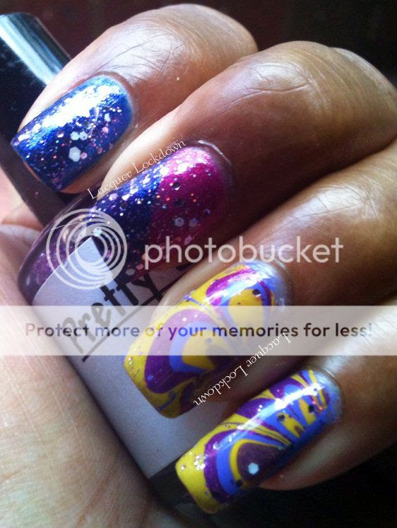 Lacquer Lockdown - LLDBHB, Pretty & Polished Hello Dolly, water marble, Orly Lunar Eclispe, scotch tape manicure, indie nail polish, nail art, Color Club Puccilicious, Color Club Almost Famous, Essie Jamacian Me Crazy