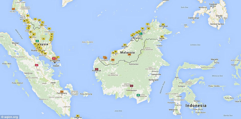 Some of the highest levels of air pollution are currently being experienced in Indonesia where forest fires, wood burning for cooking and industry are combining to produce hazardous smogs in cities like Palangkaraya where the air quality index was 712 (shown above)