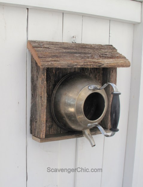 Teakettle birdhouse with reclaimed wood