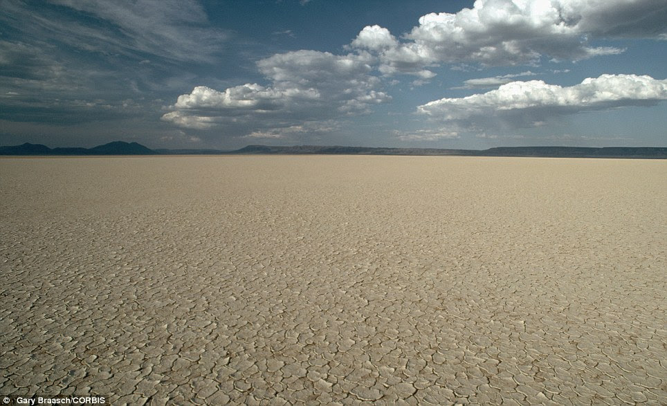 A landscape of cracked mud in the playa of Alvord Desert in Oregon in the U.S.