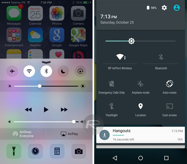 AndroidLollipop-vs-iOS-10 Herramientas rápidas