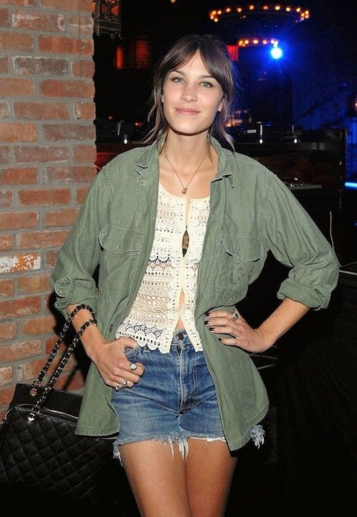 30 Le Fashion Blog 40 Of Alexa Chung Best Looks With Denim Shorts Green Army Jacket Crochet Top Jean Cut Offs Via Popsugar