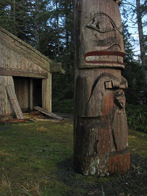 pole in front of Chief Son-i-Hat Whale House, Kasaan, Alaska