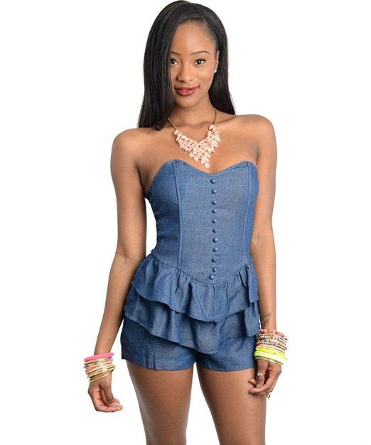 2LUV Women's Denim Button-Down Ruffle Romper Navy S(WDN2140)