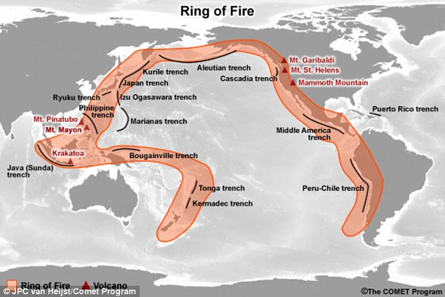 Around the Pacific Ocean is a region known as the Ring of Fire, where a large number of earthquakes and volcanic eruptions occur that may have been the origin of glow. The horseshoe shape is 25,000 miles (40,000 km) and, with 452 volcanoes, is home to more than 75 per cent of the planet's active and dormant volcanoes