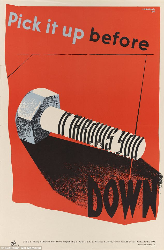 Another workplace safety poster. This British World War II design by H A Rothholz was one of a number of posters the Royal Society for the Prevention of Accidents commissioned Rothholz  to produce. This poster encourages workers to be aware of stray bolts, in case of accident