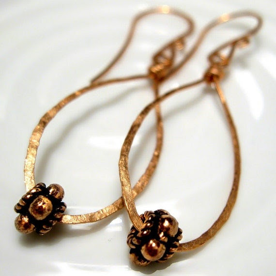 Copper Oval Hoop Earrings, Greek Goddess, Hammered Ear Wires, Designer 3 Rexes Jewelry