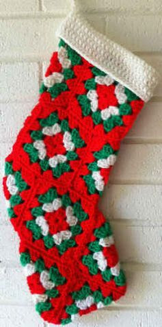 Best Free Crochet &#187; Red Granny Square Christmas Stocking &#8211; Free Crochet Pattern  email confirmation required to access free pattern  Materials: Worsted Weight Yarn: Red, Green &amp; White. Crochet Hook: Size G-6 (4.25 mm) or size needed to obtain gauge. Gauge: Each granny square measures 4&#8221; across.