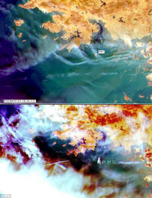 Fireball: Two satellite images show South Korea's Yeonpyeong Island before the strike (top) and afterwards