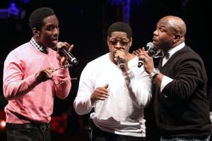 In this picture provided by Starpix, from left, Shawn Stockman, Nathan Morris, Wanya Morris of Boyz II Men perform during the announcement of The Package Tour, Tuesday, Jan. 22, 2013 in New York. The major summer tour will feature New Kids on the Block, 98 Degrees and Boyz II Men....