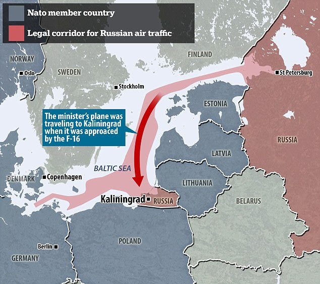 Pictured: A map showing the possible route the defence minister's plane could freely take over the Baltic Sea 