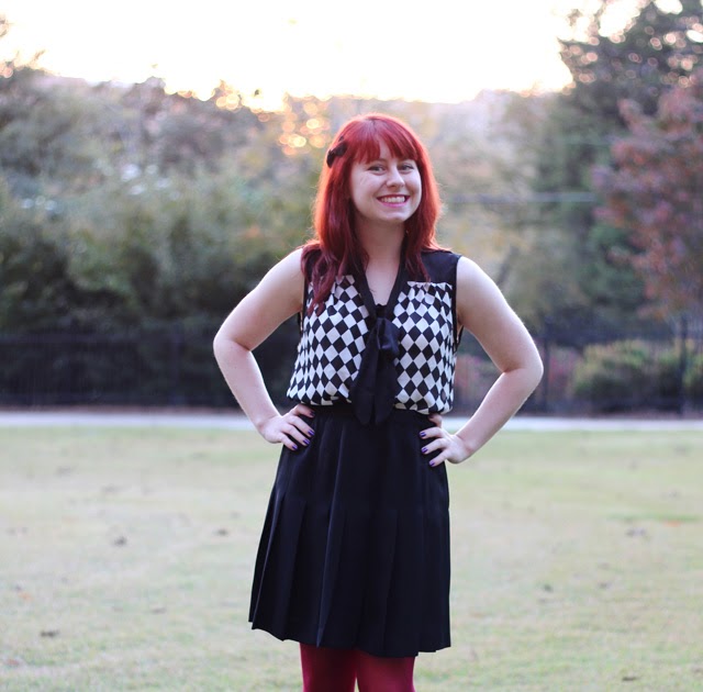 Checkerboard Print Top, Pleated Skirt, & Pink Tights