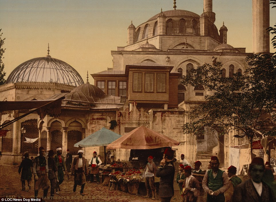 A mosque and street in the Scutari district of Constantinople, in a fascinating image which gives and impression of day-to-day life during the latter years of the Ottoman Empire