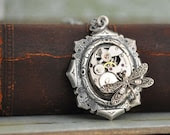 steampunk jewelry - TIME TRAVELER - antiqued silver steampunk watch movement necklace with tiny dragonfly - junesnight