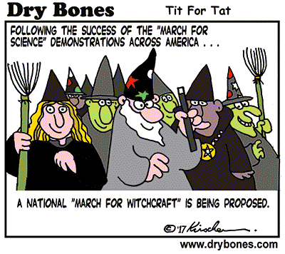 Dry Bones cartoon, science, march, witchcraft,