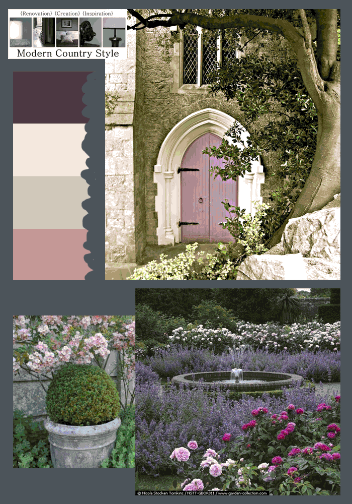 consider a country-inspired feminine palette of Farrow and Ball Pelt, Dulux Linnet, Farrow and Ball Purbeck Stone, Farrow and Ball Cinder Rose. Full details on Modern Country Style blog: Modern Country Garden Combos: Lavender And Topiary