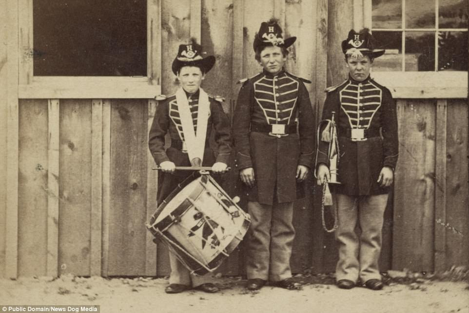Three drummer boys in the Confederate army. By the time this picture had been taken, these boys were veterans of nine battles. The picture was taken in 1865. Some of these child soldiers pictured were captured, some were injured, and some were killed - but all of them saw the horrors of war first-hand, watching grown men kill and die