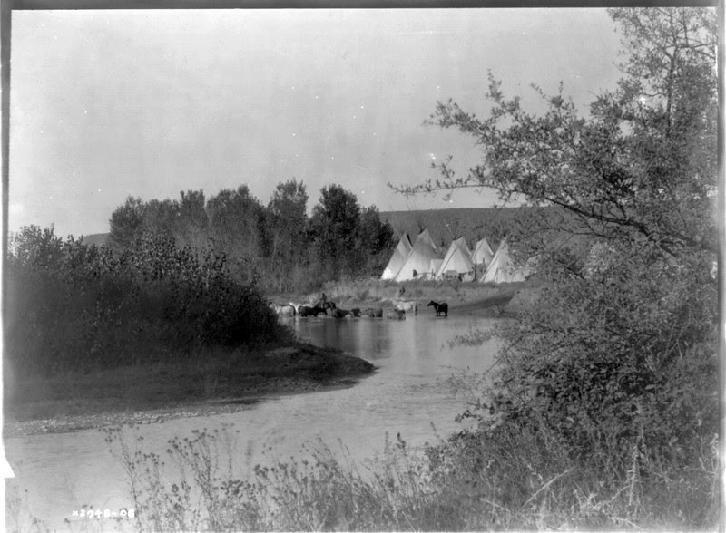 Description of  Title: On the Little Big Horn.  <br />Date Created/Published: c1908 July 6.  <br />Summary: Horses wading in water next to a Crow tipi encampment.  <br />Photograph by Edward S. Curtis, Curtis (Edward S.) Collection, Library of Congress Prints and Photographs Division Washington, D.C.