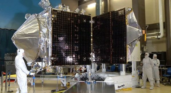NASA's MAVEN spacecraft deploys its twin solar arrays during testing at Lockheed Martin Space Systems Company in Colorado. NASA's MAVEN spacecraft deploys its twin solar arrays during testing at Lockheed Martin Space Systems Company in Colorado.