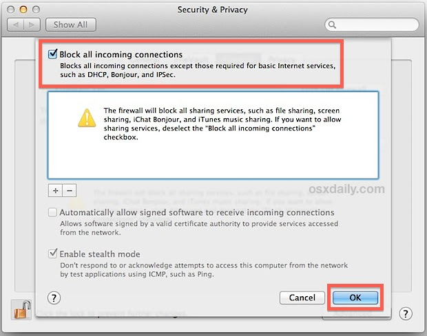 Block all incoming connections in Mac OS X with this firewall option