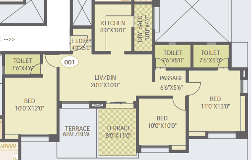 3 BHK Flat - 898 Carpet + 88 Terrace - Rs. 53.40 Lakhs Approx - D Building Odd - Hill Shire, 1 BHK, 2 BHK & 3 BHK Flats on Kesnand Road, next to Konark Exotica, Wagholi, Pune