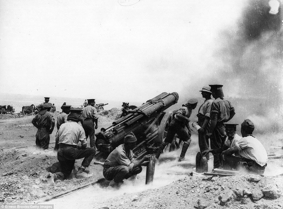 Fire: A 60-pounder heavy field gun in action on a cliff top at Helles Bay, Gallipoli, Turkey. Today marks the 98th anniversary of the Gallipoli landings