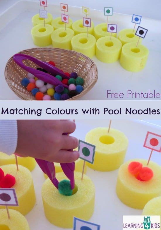 Matching colours with pool noodles - fine motor activity and colour recognition.