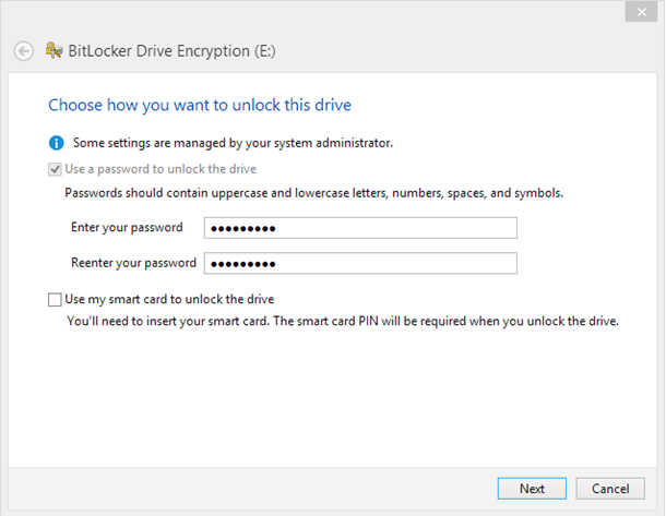 BitLocker Encryption Set password for USB
