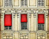 Paris centre  - Paris illustration - Art print - Paris art illustration - Paris decor - Paris windows, red, beage, France, French - tubidu