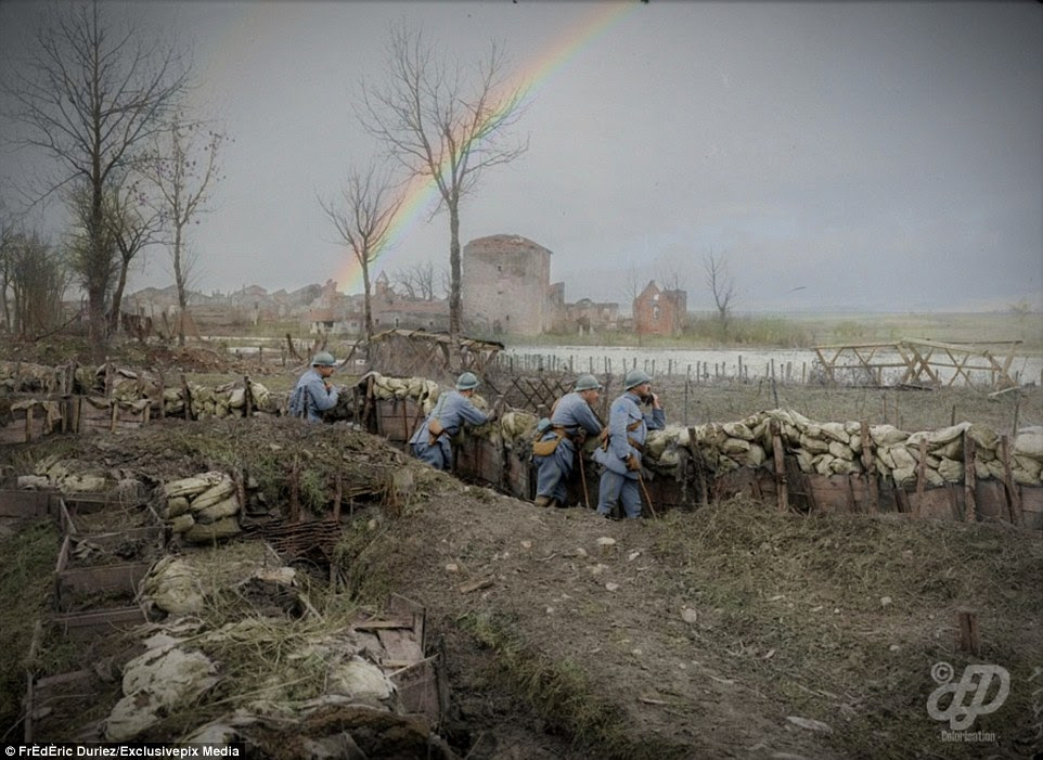 French lines on the right bank of the Seille being held by the 150th Infantry Regiment, 5th Battalion in Port-sur-Seille, Meurthe-et-Moselle, in March 1918, in one of many First World War images colourised by graphic artist Frédéric Duriez