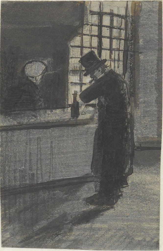 swift black ink sketch of man at bar in 19th century