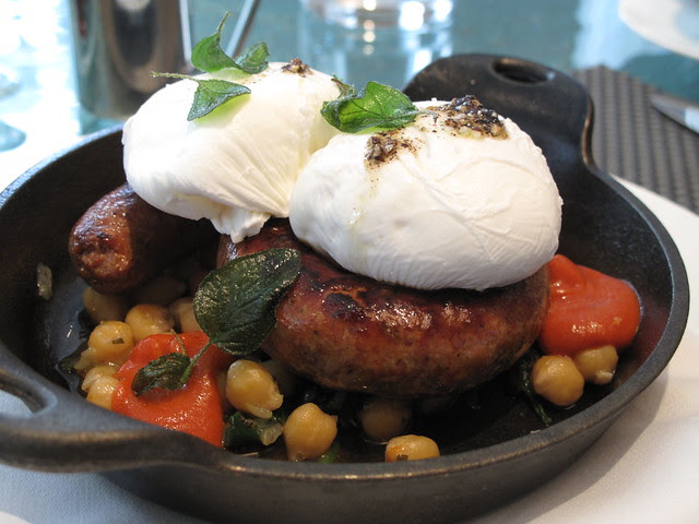 merguez sausage with poached eggs at boulud
