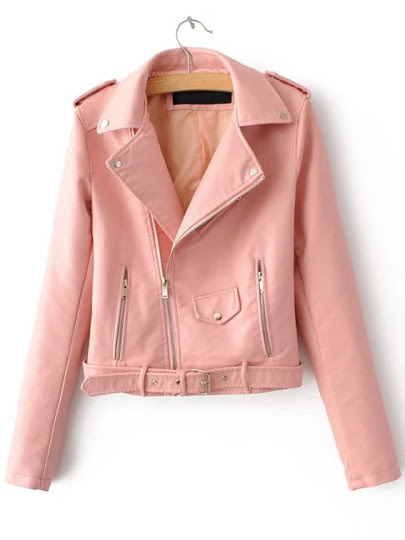 Pink Faux Leather Belted Moto Jacket With Zipper