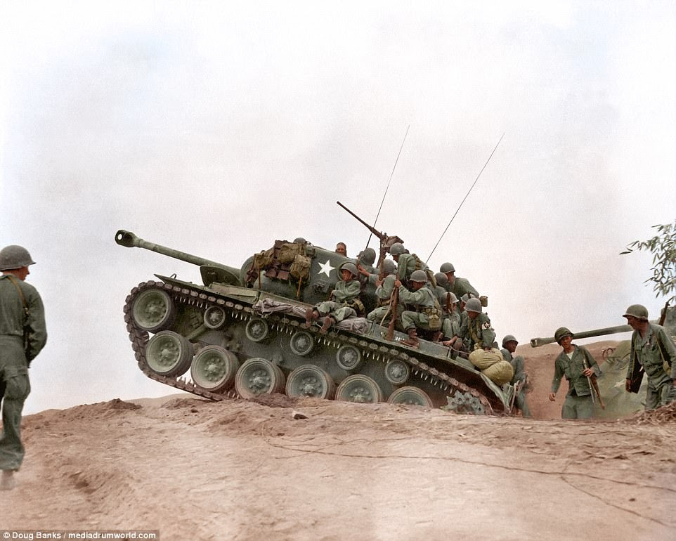 The photos were painstakingly colorized by digital colorist and retiree Doug Banks, from Brighton, UK. The Korean War lasted from 1950 until 1953 and involved UN troops and South Koreans fighting against North Korea and their Soviet and Chinese allies