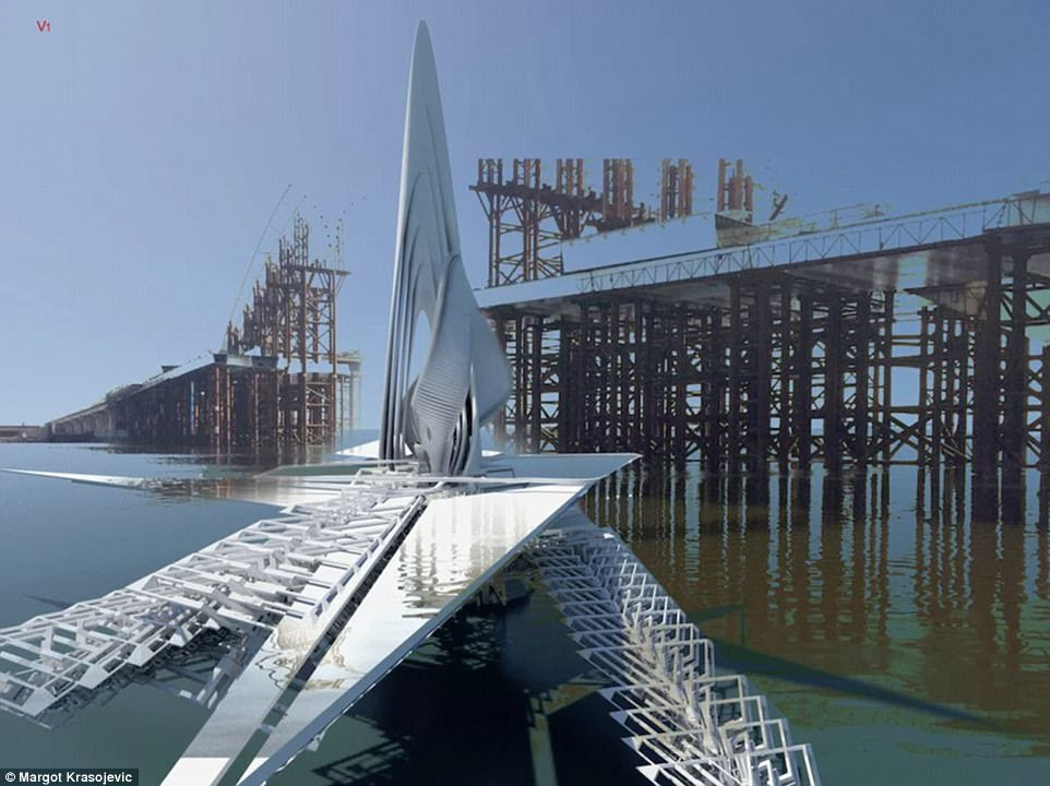 The hydraulic walkway is supported by the river bank's landing docks while the main body of the bridge is kept afloat by the sail and its rotator. The walkway’s and the ring frame's weight distribution will prevent it from capsizing