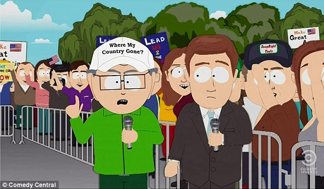 Angry: The influx of Canadians caused high school teacher Mr Garrison to launch a campaign to 'f*** them to death' in echoes of Trump's rela-life zero-tolerance approach to illegal immigrants