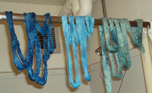Procion MX Tulip fiber dyes in blue and turquoise drying wool, bamboo and nylon