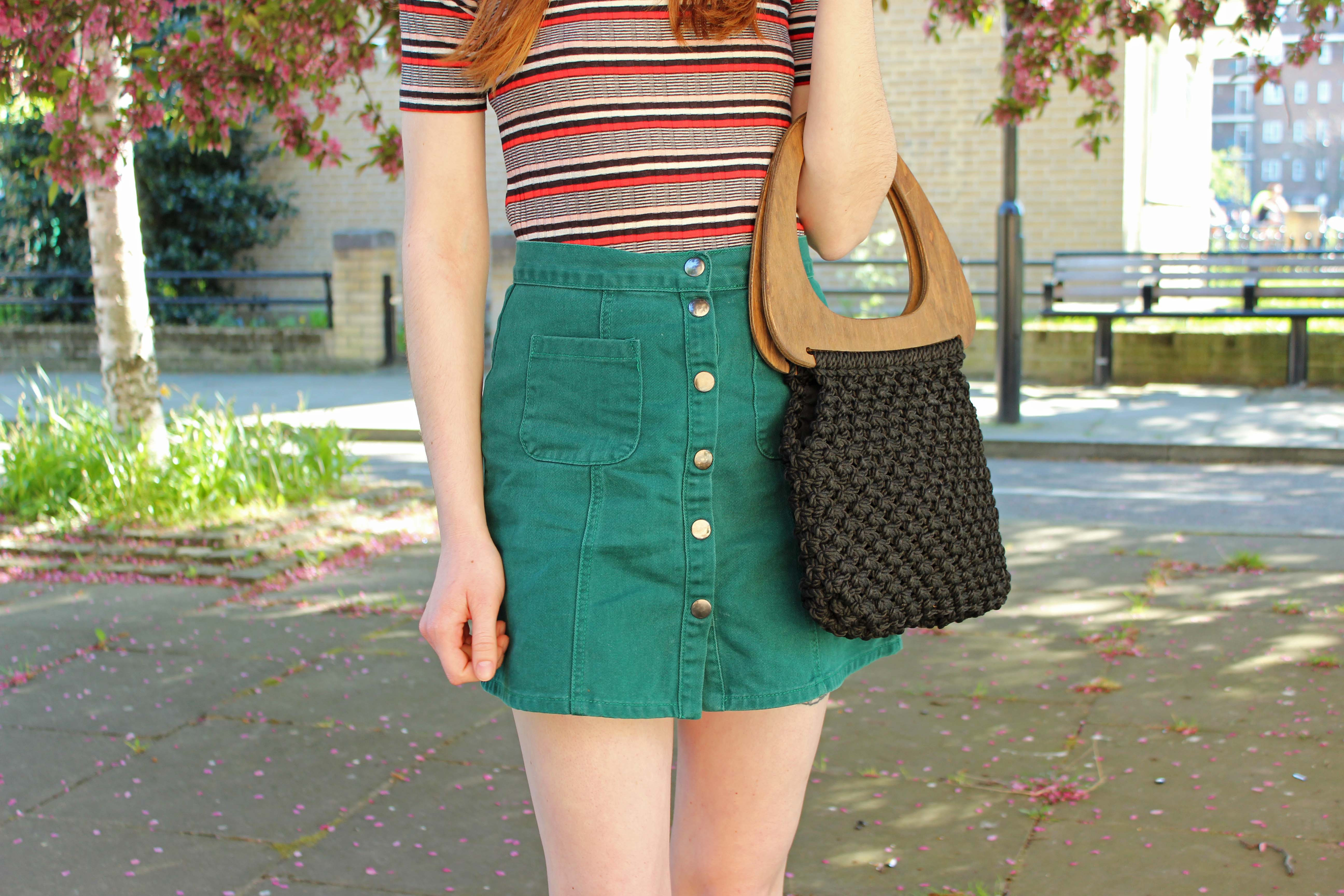 Monki striped turtleneck, green a-line skirt and a vintage bag outfit