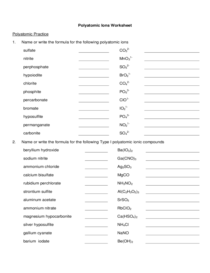 Chemistry Ionic Compounds Polyatomic Ions With Multiple Charge Cations Worksheet