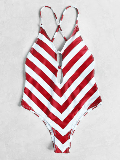 Red White Chevron Print Plunge Neck Crisscross Swimsuit
