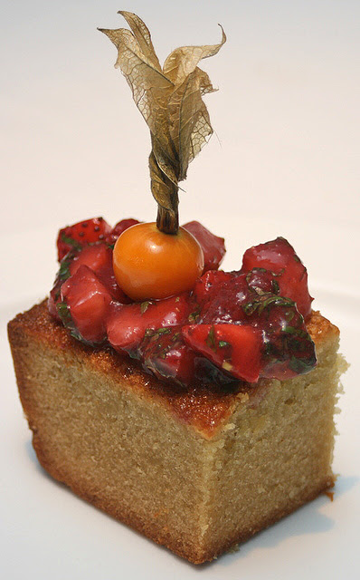 Pistachio Financier with Strawberry Salsa & Mint