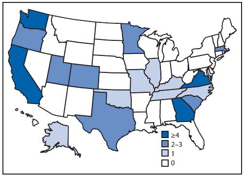 The figure above show the number of confirmed cases (N = 44) of Salmonella Chester infection in outbreak associated with frozen meals in 18 states during 2010. A total of 44 cases from 18 states were identified.