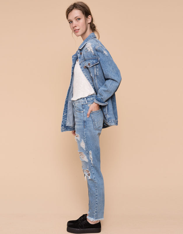 Pull&Bear - mujer - jeans - jeans mom fit con rotos - azul - 09684323-I2015
