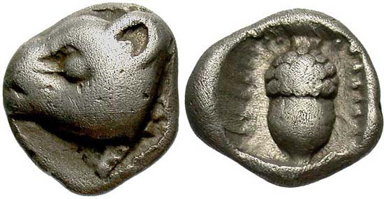 Obolus of Mantinea with bear’s head, c. 490-470 B.C.